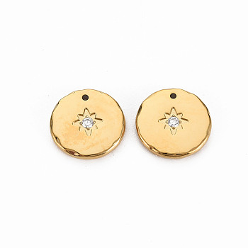 Ion Plating(IP) 304 Stainless Steel Charms, with Micro Pave Clear Cubic Zirconia, Cadmium Free & Nickel Free & Lead Free, Flat Round, Real 14K Gold Plated, 12x1.5mm, Hole: 0.9mm