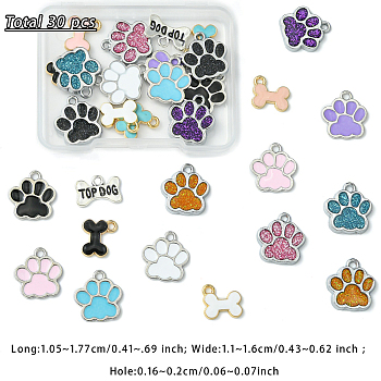 30Pcs 15 Styles Alloy Charms, with Enamel, Dog Bone & Paw Prints, Mixed Color, 10.5~17.7x13~16.6x1.5~2mm, Hole: 1.6~2mm, 2pcs/style