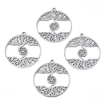 201 Stainless Steel Pendants, Flat Round with Star & Tree, Stainless Steel Color, 32x30x2mm, Hole: 1.8mm