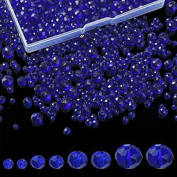 8 Strands 4 Size Transparent Glass Beads Strands, Faceted, Rondelle, Blue, 3~8x2~6mm, hole: 0.4~1mm, 65~155Pcs/strand, 15~16.9 inch(38~43cm), 2 Strands/size