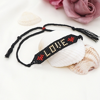 Glass Seed Wide Band With Word Love Heart Friendship Link Bracelet for Women, Black, 11 inch(28cm)