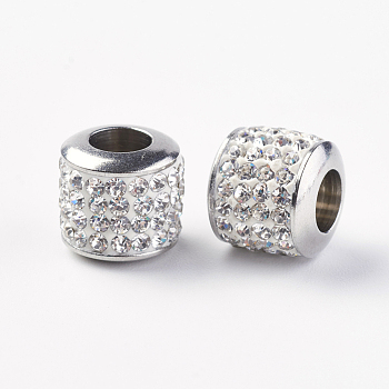 304 Stainless Steel European Beads, with Grade A Rhinestone, Large Hole Beads, Barrel, Crystal, 10x9.5mm, Hole: 5mm