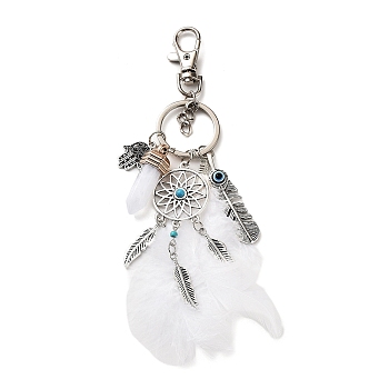 Alloy & Glass Pendant Keychain, with Iron Key Ring, Feather Tassel, Woven Net/Web with Feather & Bullet & Hamsa Hand, White, 10cm