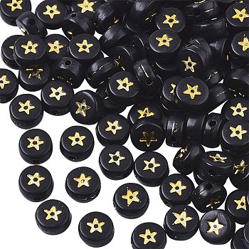 Opaque Acrylic Beads, Flat Round with Star, Black, Golden Plated, 7x4mm, Hole: 1.5mm, about 1800pcs/250g