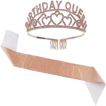 Alloy Crown, with Rhinestone, Composite Fabric Tape, Party Supplies, BIRTHDAY QUEEN, Light Coral, Crown: 49x126x150mm, Tape: 1540x95x0.8mm, Safety Pins: 30x7x3mm, Pin: 0.5mm.