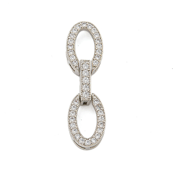 Rack Plating Oval Brass Micro Pave Clear Cubic Zirconia Fold Over Clasps, Long-Lasting Plated, Lead Free & Cadmium Free, Platinum, 33mm