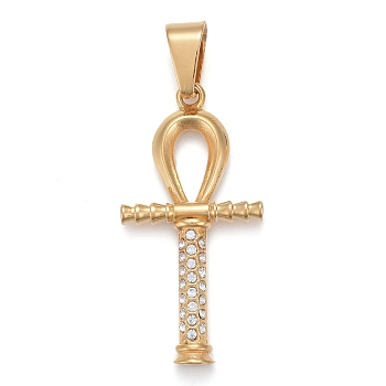 304 Stainless Steel Big Pendants, with Crystal Rhinestone, Ankh Cross, Golden, 50x25x4mm, Hole: 6.5x12mm