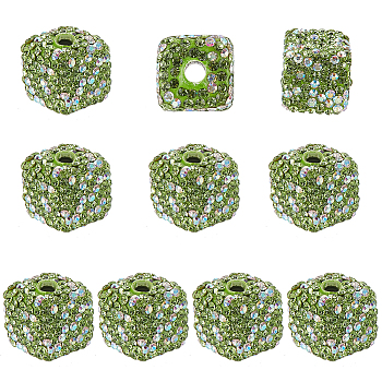 10Pcs Rhinestone Clay Pave Glass Beads, Pave Disco Cube Beads, Olive, 14x14x14mm, Hole: 4mm