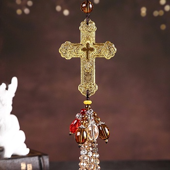Cross with Tassel Glass Pendant Decorations, for Interior Car Mirror Hanging Decorations, Gold, 320mm
