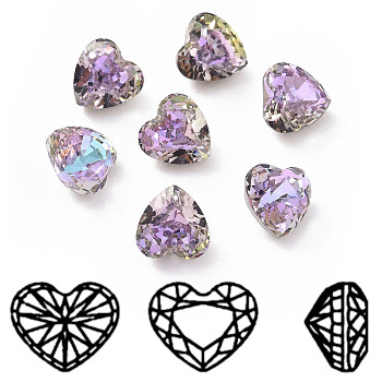 K9 Glass Rhinestone Cabochons, Pointed Back & Back Plated, Faceted, Heart, Vitrail Light, 8x8x6mm