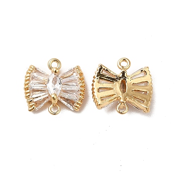 Brass Clear Glass Connector Charms, Bowknot Links, Real 18K Gold Plated, 10x10x4mm, Hole: 0.8mm