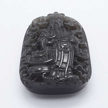 Carved Natural Obsidian Big Pendants, God of Wealth, 52x38x16mm, Hole: 1.5mm