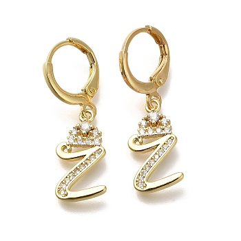 Brass Clear Cubic Zirconia Hoop Earrings, Real 18K Gold Plated, Letter Z, 30.5mm, pendants: 17x9x2mm