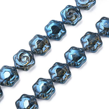 Electroplate Glass Beads Strands, Pearl Luster Plated, Flower, Steel Blue, 16x14.5x7.5mm, Hole: 1mm, about 40Pcs/strand, 24.80 inch(63cm)
