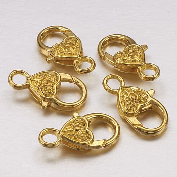 Tibetan Style Heart Lobster Claw Clasps, Cadmium Free & Lead Free, Golden, 26.5x14x6mm, Hole: 4mm