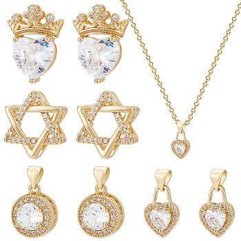 8Pcs 4 Style Brass Micro Pave Cubic Zirconia Pendants, Cadmium Free & Lead Free, Long-Lasting Plated, Clear, Heart with Crown & Star of David & Flat Round, Real 18K Gold Plated, 14~19x10~14x5~7mm, Hole: 2~4mm, 2pcs/style