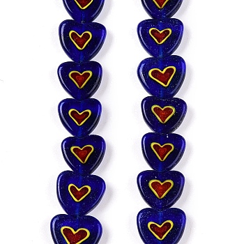 Handmade Lampwork Beads Strands, Heart, Dark Blue, 8.5~9.5x9.5~11x3.5mm, Hole: 0.9mm, about 46~47pcs/strand, 15.83~16.10 inch(40.2~40.9cm)