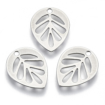201 Stainless Steel Charms, Laser Cut, Hollow, Leaf, Stainless Steel Color, 13x10.5x0.5mm, Hole: 1.2mm
