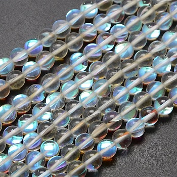 Synthetic Moonstone Beads Strands, Holographic Beads, Half AB Color Plated, Round, White, 8mm, Hole: 1mm, about 47pcs/strand, 15 inch