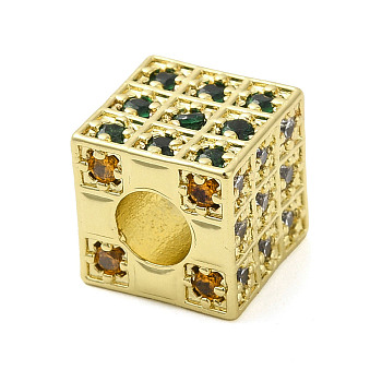 Rack Plating Brass Cubic Zirconia European Beads, Large Hole Beads, Long-Lasting Plated, Cadmium Free & Lead Free, Cube, Real 18K Gold Plated, 10.5x10.5x10.5mm, Hole: 4.5mm