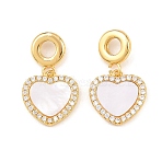 Brass Micro Pave Clear Cubic Zirconia European Charms, Heart Large Hole Pendants, with Natural White Shell, Real 18K Gold Plated, 28mm, Hole: 4.8mm(KK-Z140-26G)