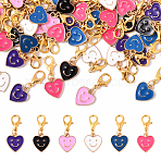 48Pcs 6 Colors Alloy Enamel Heart with Smiling Face Pattern Pendant Decorations, with Lobster Claw Clasps, Golden, Mixed Color, 27mm, 8pcs/color(HJEW-YW00178)