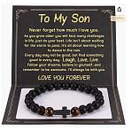 Cross Natural Tiger Eye & Frosted Black Obsidian Round Beads Stretch Bracelets for Men Women, 7-1/8 inch(18cm)(WG92FBF-12)