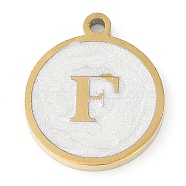 Ion Plating(IP) 201 Stainless Steel Pendants, with White Enamel, Real 18K Gold Plated, Flat Round with Letter, Letter F, 18.5x15.5x2mm, Hole: 1.6mm(STAS-K288-02G-F)