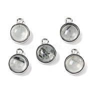 Natural Prehnite Pendants, with Platinum Tone Rack Plating Brass, Flat Round, 9.8x7.5x4.3mm, Hole: 1.2mm(G-K372-03P-11)