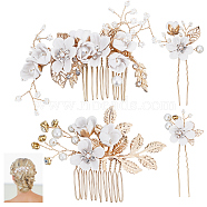 Wedding Bridal Alloy Rhinestone Hair Forks & Combs Set, with ABS Plastic Imitation Pearl, Hair Accessories for Women, Flower & Leaf, Golden, 73~90x42~110x8~15mm, 4pcs/set(MRMJ-WH0012-27)