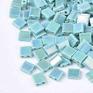 2-Hole Glass Seed Beads, Rainbow Plated, Square, Medium Turquoise, 5x4.5~5.5x2~2.5mm, Hole: 0.5~0.8mm(X-SEED-S023-19C-01)