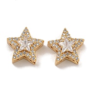 Brass Micro Pave Cubic Zirconia Beads, with Glass, Clear, Star, Real 18K Gold Plated, 11x12x6mm, Hole: 1mm(KK-U037-08G-02)