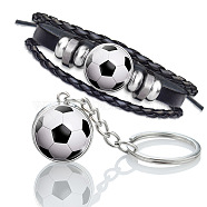 Glass Football Jewelry Set, PU Leather Triple Layer Multi-strand Bracelets & Keychain, with Alloy Findings, Black, 7-1/8 inch(18cm), 80mm(PW-WG56439-01)