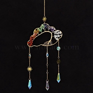 Natural Mixed Stone Copper Wire Wrapped Cloud with Tree of Life Hanging Ornaments, Teardrop Glass Tassel Suncatchers for Home Outdoor Decoration, 500x140mm(PW-WG12109-02)