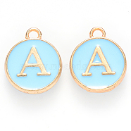 Golden Plated Alloy Enamel Charms, Cadmium Free & Lead Free, Enamelled Sequins, Flat Round with Letter, Sky Blue, Letter.A, 14x12x2mm, Hole: 1.5mm(X-ENAM-S118-04A)