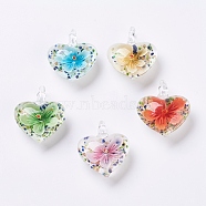 Handmade Lampwork Pendants, Inner Flower, Heart, Mixed Color, 38x32x16mm, Hole: 6x7.5mm(LAMP-F009-10)