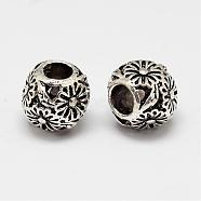 Barrel with Flower Alloy European Beads, Large Hole Beads, Antique Silver, 11x10x9.5mm, Hole: 4.5mm(PALLOY-K206-08AS)