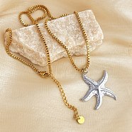 304 Stainless Steel Summer Beach Pendant Box Chain Necklaces, Real 18K Gold Plated & Stainless Steel Color, Starfish, 17.99 inch(45.7cm)(NJEW-K389-01GP-02)