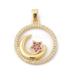 Brass Micro Pave Cubic Zirconia Pendants, Crescent Moon Charms, Light Coral, 22.5x20x2.5mm, Hole: 2.5x5mm(ZIRC-I069-02G-02)