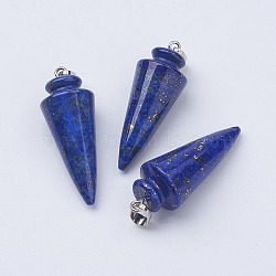 Natural Lapis Lazuli Pendants, with Platinum Tone Brass Findings, Cone/Spike/Pendulum, 43~45x16mm, Hole: 5x7mm(X-G-P236-05)