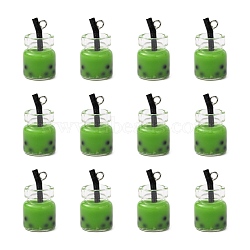 Glass Bottle Pendants, with Resin Inside and Iron Findings, Imitation Bubble Tea/Boba Milk Tea, Green, 20~25x11~14x11mm, Hole: 1.8mm(X-CRES-S359-01H)