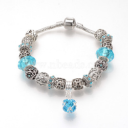 European Bracelets, with Tibetan Style Alloy Rhinestone Beads, Resin Beads and Brass Chains, Antique Silver, Round, Aquamarine, 7-7/8 inch(200mm)(BJEW-S124-17B)