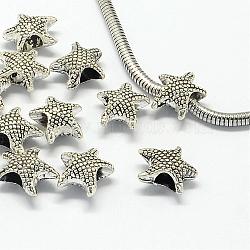 Alloy European Beads, Large Hole Beads, Starfish/Sea Stars, Antique Silver, 13.5x12x6.5mm, Hole: 5mm(PALLOY-S079-023AS)