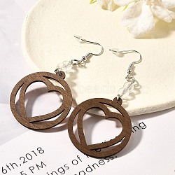 304 Stainless Steel Wood Hollow Heart Dangle Earrings, Stainless Steel Color, 80.5x34.5mm(EJEW-M074-03P)