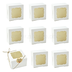 10Pcs Square Bakery Box, with Paper Display Window, Cardboard Gift Packaging Boxes for Cookies, Small Cakes, Muffin, with Hemp Cord and Stickers, White, 100x100x60mm(CON-YW0001-95B)