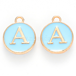 Golden Plated Alloy Enamel Charms, Cadmium Free & Lead Free, Enamelled Sequins, Flat Round with Letter, Sky Blue, Letter.A, 14x12x2mm, Hole: 1.5mm(X-ENAM-S118-04A)