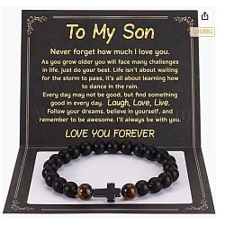 Cross Natural Tiger Eye & Frosted Black Obsidian Round Beads Stretch Bracelets for Men Women, 7-1/8 inch(18cm)(WG92FBF-12)