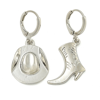 Alloy Hoop Earrings for Women, with Brass Earring Findings, Cowboy Boot & Cowboy Hat, Platinum, 36.5~40.5x15.5~18mm