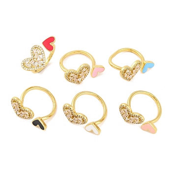 Brass Micro Pave Clear Cubic Zirconia Open Cuff Rings, Heart Enamel Ring for Women, Lead Free & Cadmium Free, Real 18K Gold Plated, Mixed Color, Inner Diameter: 17.2mm