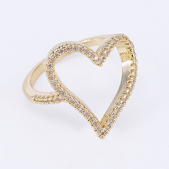 Brass Micro Pave Cubic Zirconia Finger Rings, Heart, Size 7, Golden, 17mm